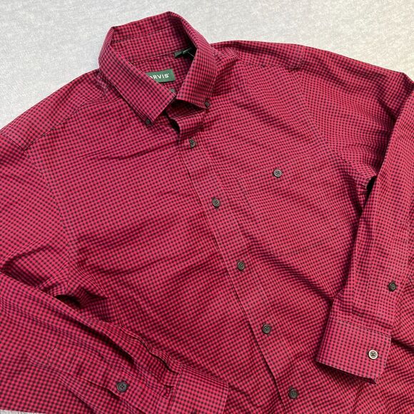 Orvis‎ Shirt Mens Medium Red Mini Buffalo Check Button Down Classic Fit Stretch - Picture 1 of 9